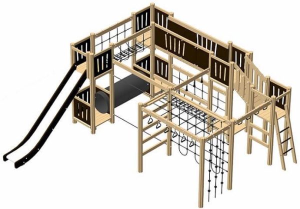 Legesystem med kravlerør, rutchebane og klatreområder