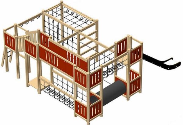 Legesystem med tårne, rutchebane og klatreområder